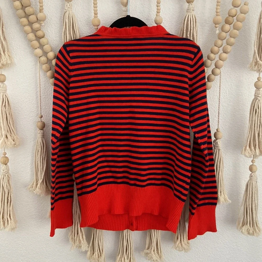 Gymboree girls striped sweater orange red and navy blue ruffle neck size M 7/8